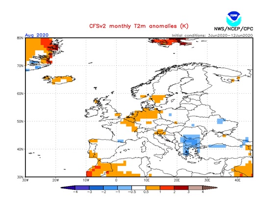 Previsión de anomalías de temperatura por la Administración Nacional Oceánica y Atmosférica (NOAA) para el mes de agosto de 2020. Fuente: cpc.ncep.noaa.gov