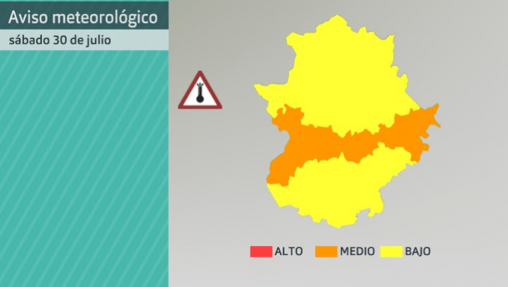 Mapa de avisos establecidos por AEMET por altas temperaturas para el sábado 30 de julio
