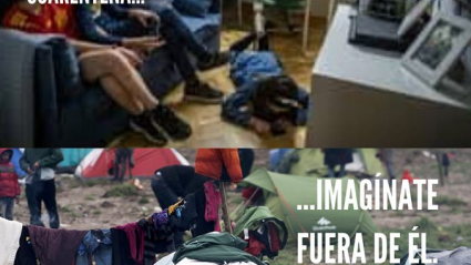 Dos imágenes comparan el confinamiento en un hogar y en un campo de refugiados