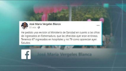 José María Vergeles anuncia que va a pedir al Ministerio de Sanidad que rectifique los datos de hospitalizados en Extremadura