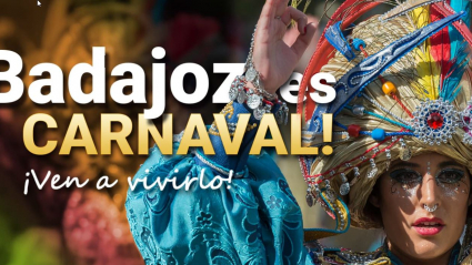 Portada de la web oficial del Carnaval de Badajoz. Se lee: "Badajoz es Carnaval. Ven a vivirlo"