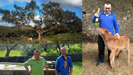 Dehesa y manada de vacas en La Pimienta, su abrevadero y dos de los propietarios de la explotación.
