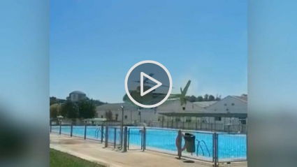 Helicóptero tomando agua de una piscina comunitaria