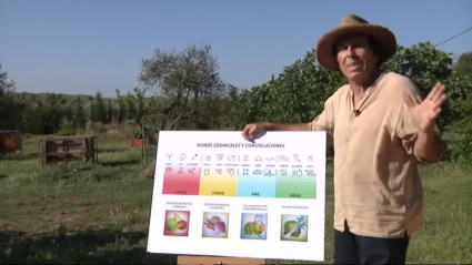 -prsentador explicando la relación entre el paso de la luna por las diferentes constelaciones y los cultivos