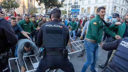 Decenas de agricultores mantienen una protesta en las inmediaciones del Ayuntamiento de Don Benito, coincidiendo con la visita del presidente del Gobierno, Pedro Sánchez, a esta localidad, y en la que ya se han producido momentos de tensión entre manifestantes y efectivos policiales. 