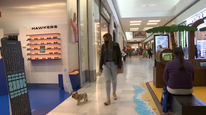 Una clienta paseando con su perra en el Centro Comercial El Faro en Badajoz.