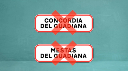 Grafismo con los nombres Concordia del Guadiana y Mestas del Guadiana tachados