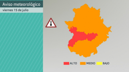 Mapa de avisos establecidos por AEMET por altas temperaturas para el viernes 15 de julio