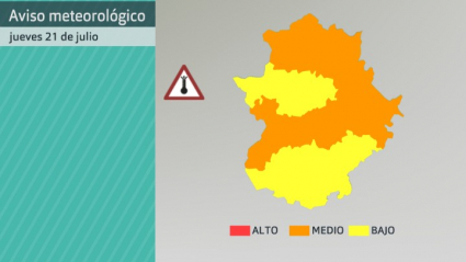 Mapa de avisos establecidos por AEMET por altas temperaturas para el jueves 21 de julio
