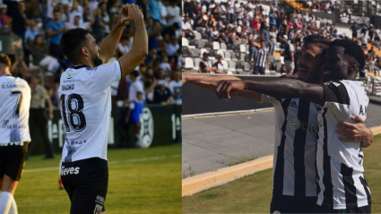 Mérida y Badajoz celebran sus respectivos goles.