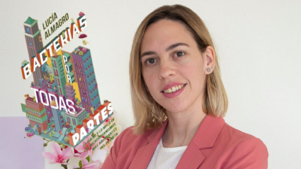 Lucía Almagro y parte de la portada del libro