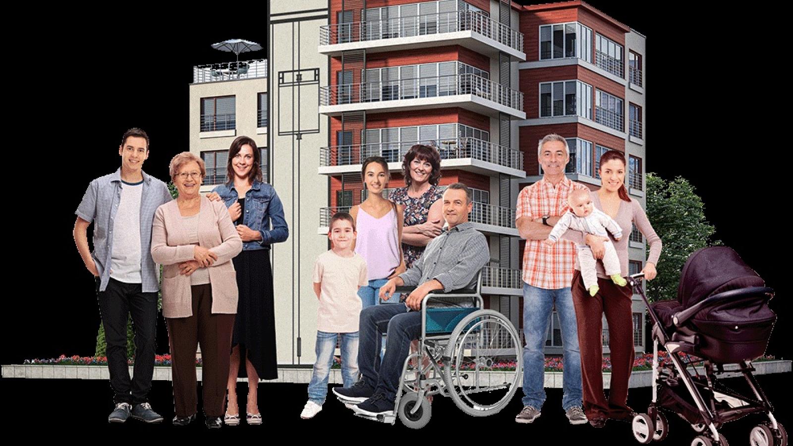 Personas en la puerta de una edificio