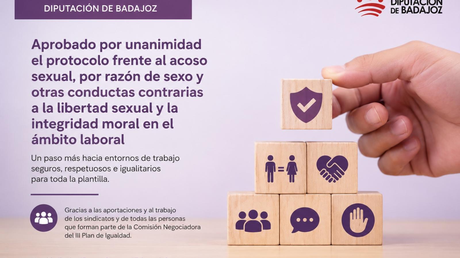 La Diputación de Badajoz aprueba por unanimidad el protocolo frente al acoso sexual