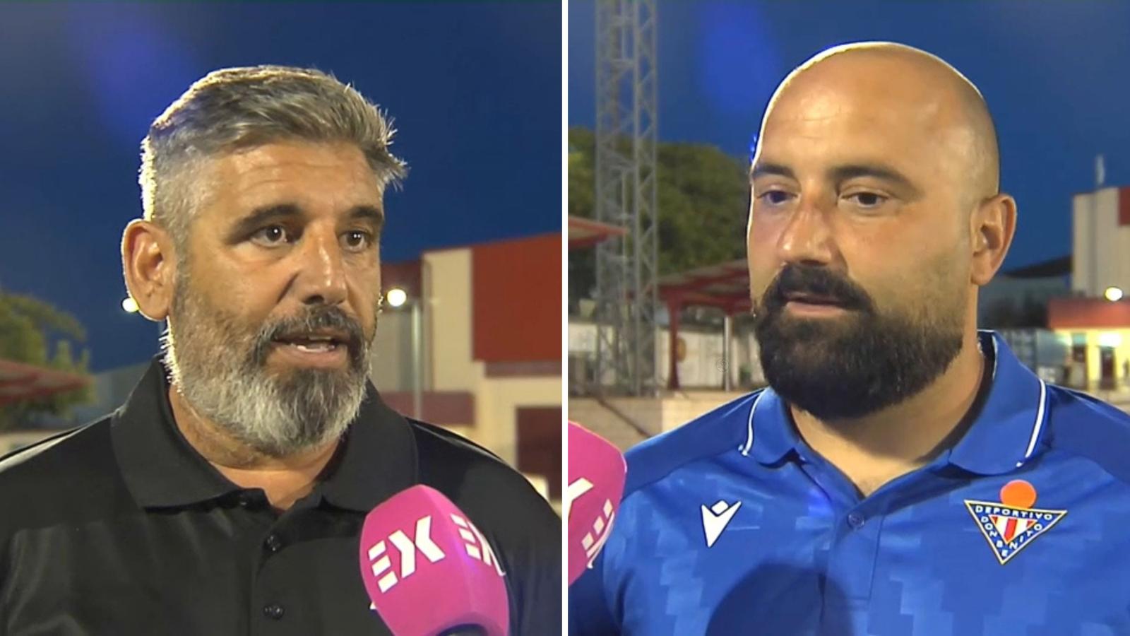 Juan García, Entrenador CF Jaraíz (izquierda), y Juan Carlos Prieto, entrenador CD Don Benito (derecha).