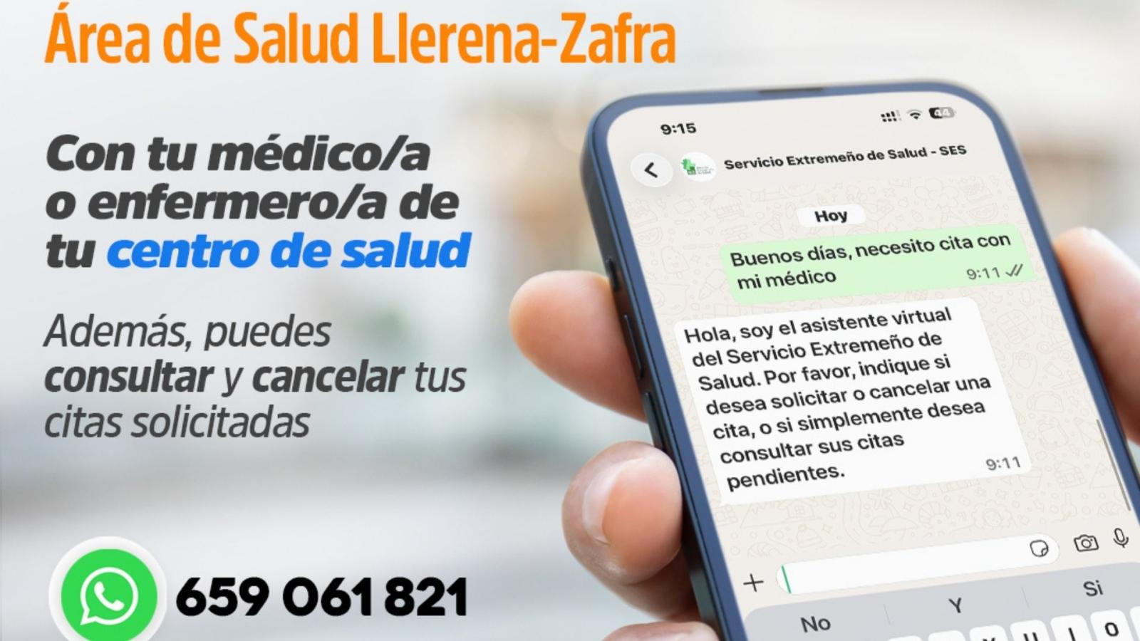 El Área de Salud de Llerena-Zafra incorpora el servicio de cita previa en Atención Primaria a través de WhatsApp
