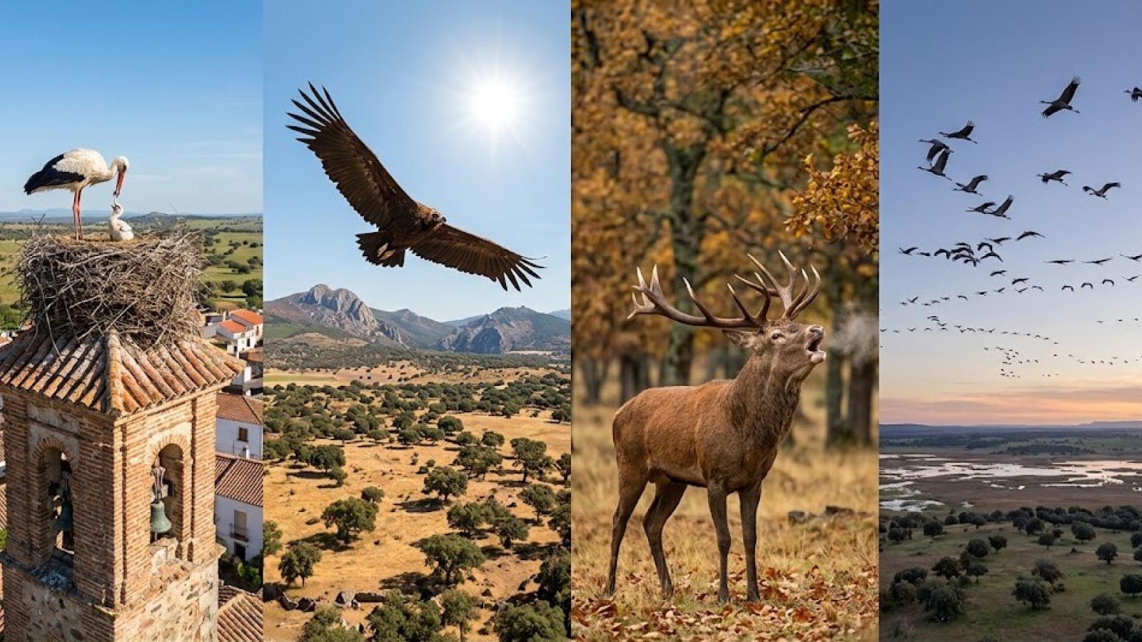 El ciclo de la vida en Extremadura: Primavera (Cigüeña blanca), Verano (Buitre negro), Otoño (Ciervo ibérico), e Invierno (Grullas comunes). Cuatro paneles, un solo territorio de biodiversidad