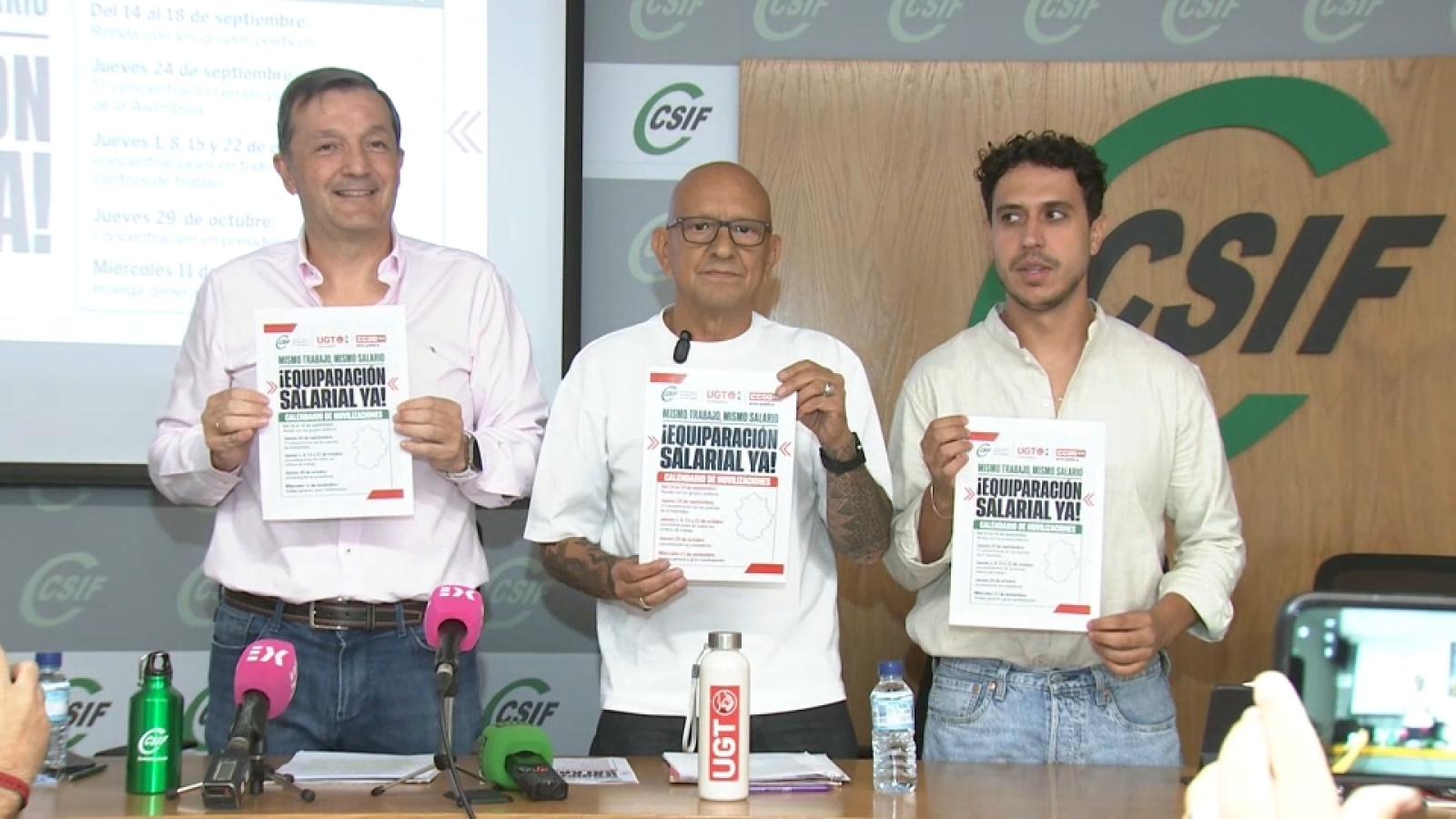 Representantes de CSIF, UGT Y CCO durante una rueda de prensa