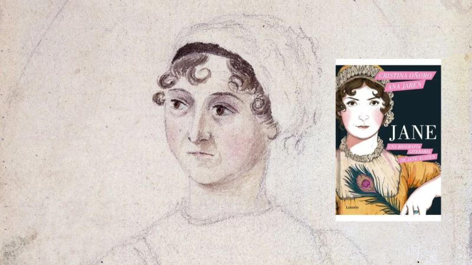 Retrato de Austen y la portada del libro