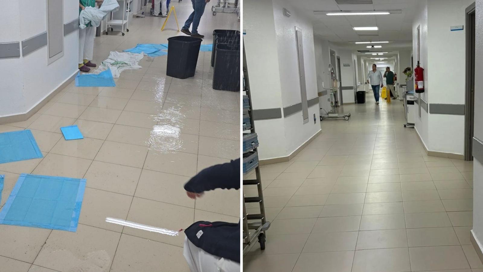 Estado de la planta del hospital tras la filtración por las lluvias y estado después de las actuaciones de emergencia