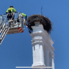 Trabajador rescatando pollo de cigüeña en la espadaña del Parador de Mérida.