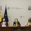 La vicepresidenta primera del Gobierno, Nadia Calviño (c); y las ministras de Hacienda y de Transportes, María Jesús Montero (i) y Raquel Sánchez (d), durante la reunión mantenida este lunes con representantes del departamento de mercancías del Comité Nacional de Transporte por Carretera para analizar la situación del sector, mientras continúa el paro indefinido convocado por asociaciones minoritarias de transportistas. 