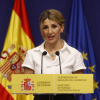 La vicepresidenta segunda y ministra de Trabajo y Economía Social, Yolanda Diaz, hace declaraciones tras reunirse con responsables de las organizaciones de autónomos UPTA, ATA y UATAE.