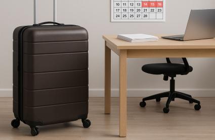Maleta junto a un escritorio en un puesto de trabajo