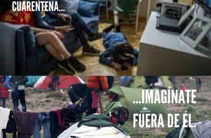 Dos imágenes comparan el confinamiento en un hogar y en un campo de refugiados