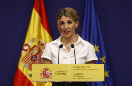 La vicepresidenta segunda y ministra de Trabajo y Economía Social, Yolanda Diaz, hace declaraciones tras reunirse con responsables de las organizaciones de autónomos UPTA, ATA y UATAE.